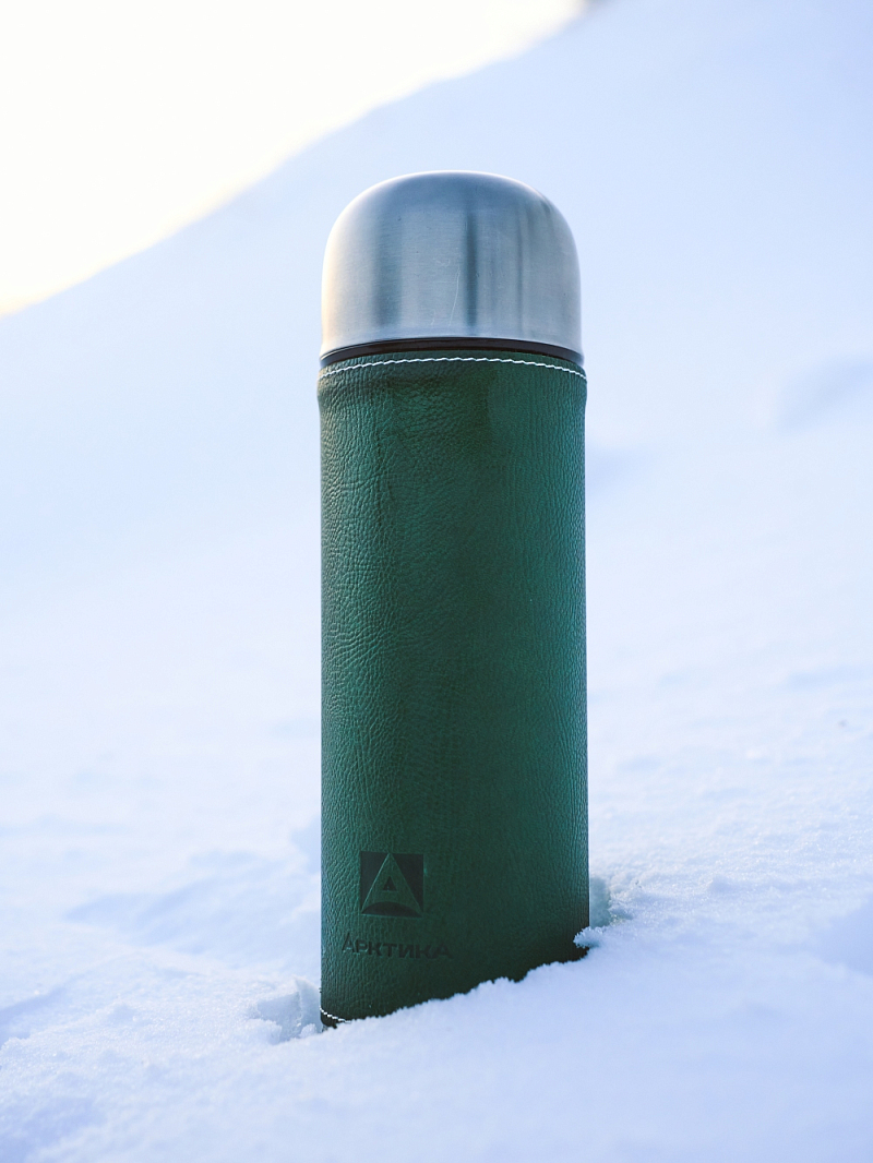 Термос 1л серии 108 с зелёной оплёткой из экокожи - 2