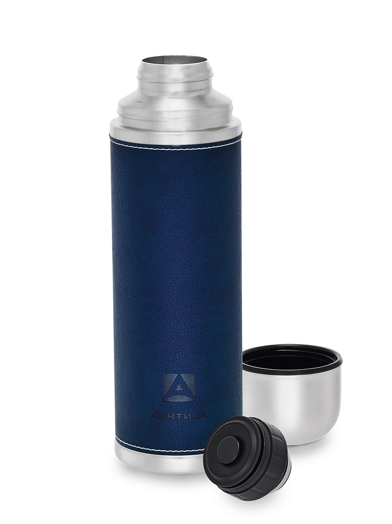 Синий термос с оплёткой из экокожи на 1л (уценка) - 1