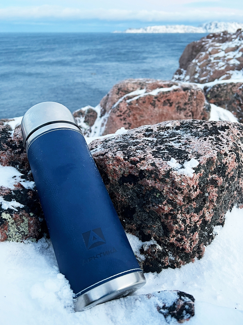 Термос 1л серии 108 с синей оплёткой из экокожи - 4