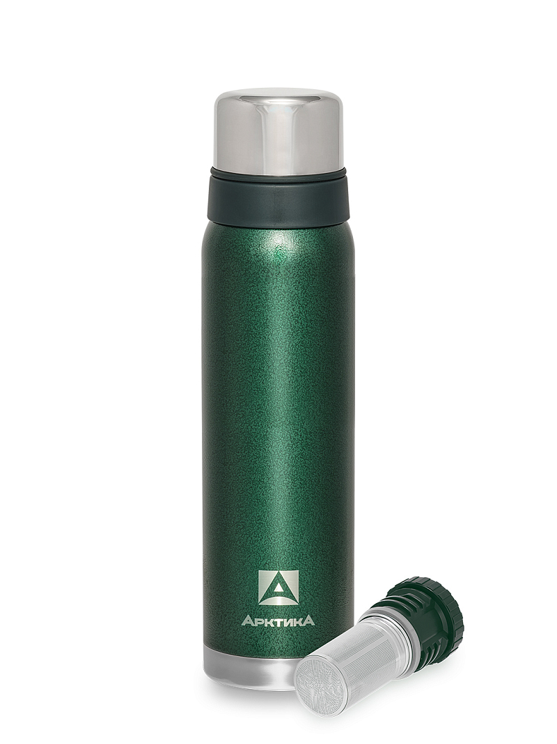 Термос серии 106 на 0.9л зелёный с ситечком и молотковой эмалью - 1