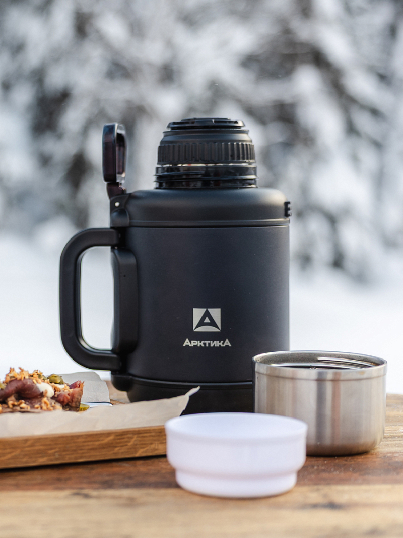 Термос 1.9л серии 204 чёрный со складной ручкой и ситом - 5