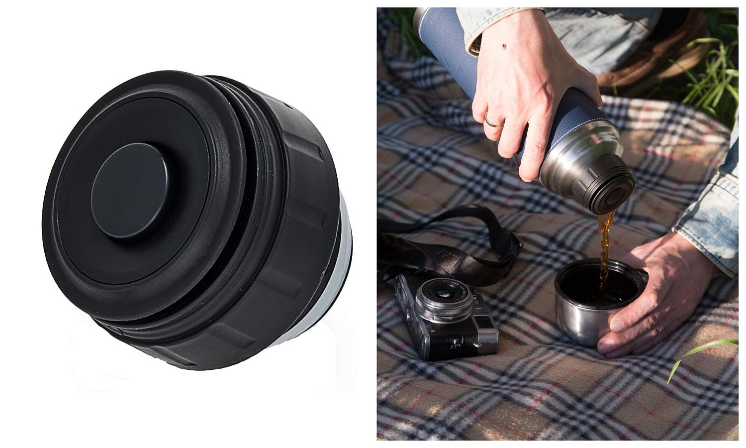 Термос «Арктика» с кнопкой серии 108 выполнен в оплетке «под кожу бизона».