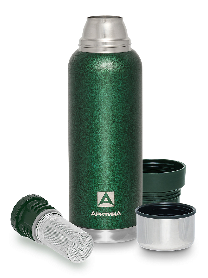 Термос 1.2л серии 106 зелёный с ситечком и молотковой эмалью - 3