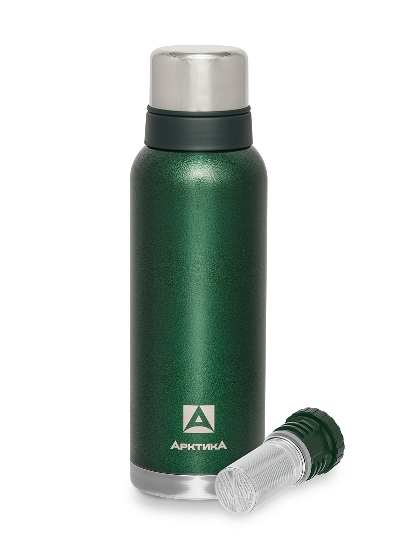 Термос 1.2л серии 106 зелёный с ситечком и молотковой эмалью - 1