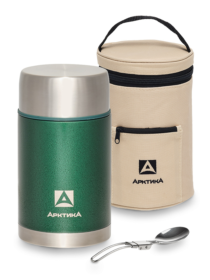 Термос 1л серии 306 зелёный с чехлом и складной ложкой - 1