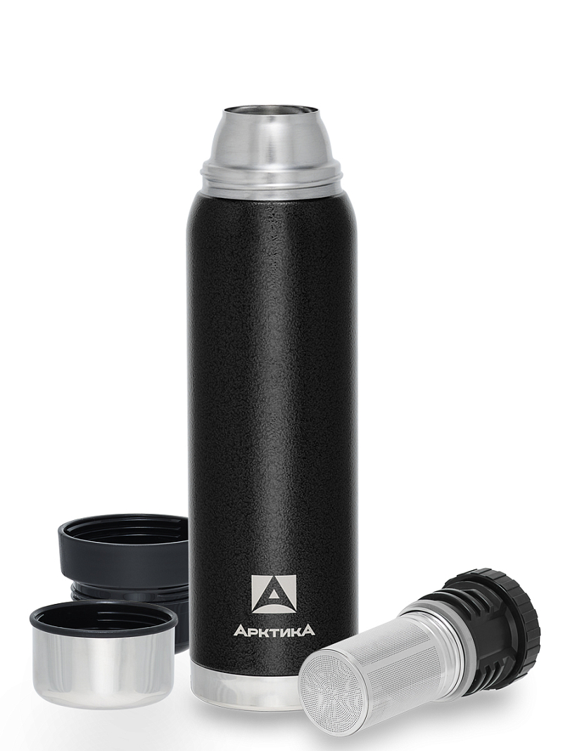 Термос 0.9л серии 106 чёрный с ситечком и молотковой эмалью - 3